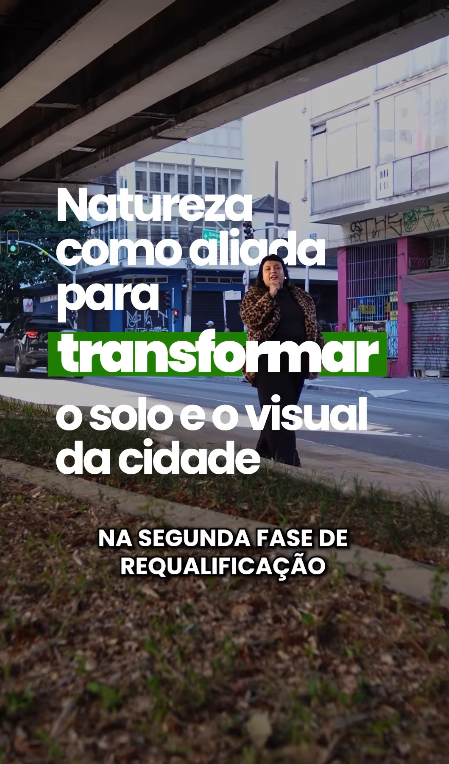 A imagem mostra uma área de jardim recém-plantada, com pequenas mudas verdes crescendo em solo coberto por terra e aparente cobertura natural. Em segundo plano, é possível ver uma rua asfaltada e construções urbanas, sugerindo que o jardim está localizado em uma região urbana. Sobre a imagem, há um texto em destaque que diz: "Mesmo cobertos, os jardins de chuva do Minhocão ampliam a área permeável da região".