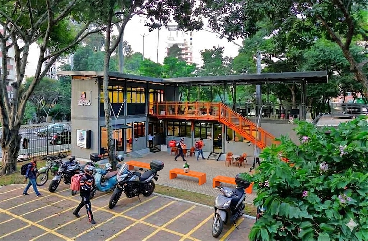 Vista aérea de área urbana com edifícios e vias