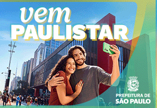 GIF animado com fotos de pessoas sorrindo e tirando selfies na Avenida Paulista, em São Paulo. Sobreposição de textos animados: 'vem PAULISTAR'. Logotipo da Prefeitura de São Paulo no canto inferior direito.