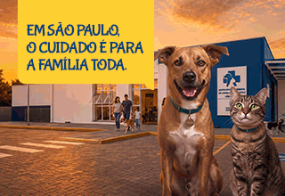 Imagem de um cachorro caramelo e uma gata rajada, olhando para a câmera . Os dizeres: EM SÃO PAULO, O CUIDADO É PARA A FAMÍLIA TODA.E SEU PET NÃO FICA DE FORA! - 5 hospitais veterinários públicos; Castração; Microchipagem; RGA; Adoção. Clique aqui e saiba mais !