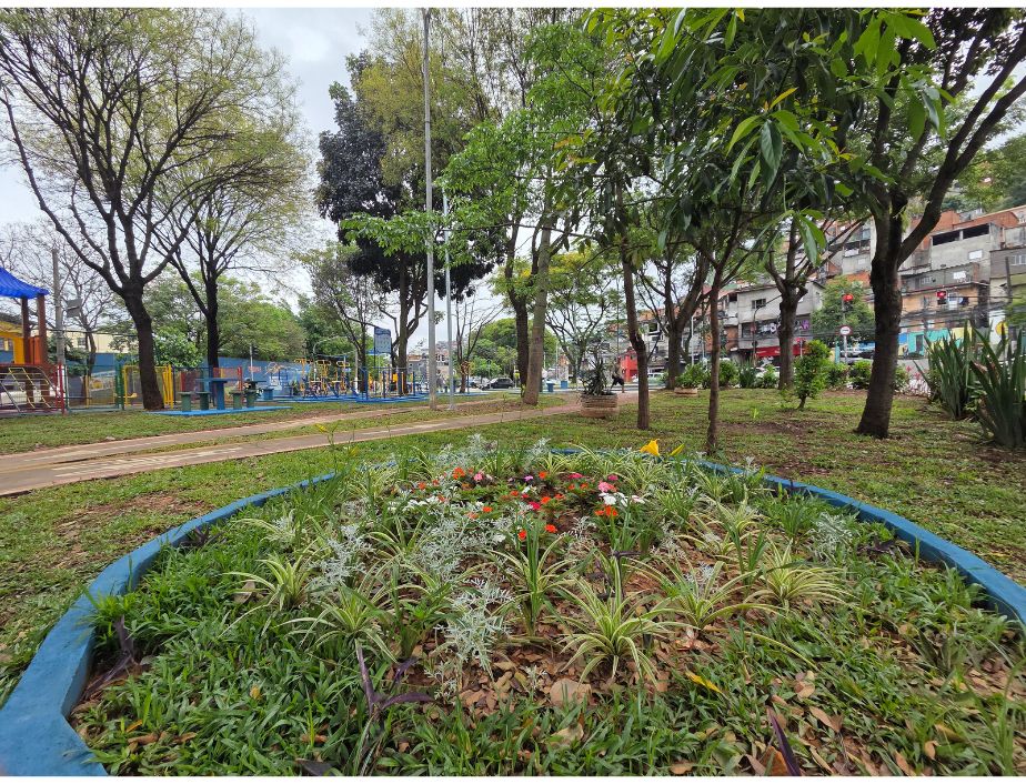 A imagem mostra mais um ângulo do canteiro central da Inajar de Souza revitalizado, dessa vez fotografado de um ângulo baixo, quase na altura do chão.  No primeiro plano: há um canteiro de flores de formato circular, cercado por uma borda pintada de azul. Dentro dele crescem plantas verdes de folhas estreitas e pontiagudas, misturadas com pequenas flores nas cores vermelho, laranja e branco.  Plano médio: à esquerda, aparece uma área de playground com brinquedos coloridos — é possível identificar um escorregador e estruturas metálicas. À direita, estende-se uma trilha de pedestres de material avermelhado (tipo saibro ou terra compactada), cercada por grama, arbustos e árvores de médio e grande porte espalhadas pela praça.  Fundo: no horizonte, vê-se o limite do parque com a cidade — construções e edifícios, um poste de iluminação pública e sinalização de trânsito, incluindo um semáforo com a luz vermelha acesa.  Ambiente e luz: o dia parece nublado, com céu cinzento que ilumina a cena de forma difusa, sem sombras marcantes. A atmosfera transmite tranquilidade — um espaço de lazer urbano em dia comum.  Cores predominantes: o verde da vegetação e da grama, o marrom dos troncos e da terra, o azul da borda do canteiro e os tons terrosos do caminho.