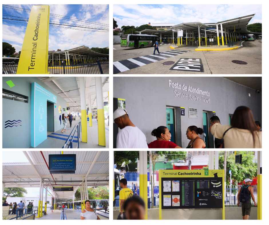 A imagem mostra uma colagem de seis fotos tiradas no Terminal Cachoeirinha, em São Paulo. É um espaço amplo, moderno e reformado, com cobertura metálica e sinalização em amarelo e azul.  1. A primeira foto, no canto superior esquerdo, mostra uma placa vertical amarela com o nome 