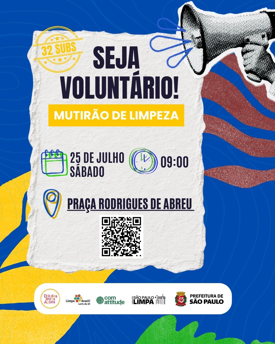 Cartaz em formato vertical sobre fundo abstrato e colorido nas cores azul, amarelo, verde e vermelho. No canto superior direito, há a ilustração de uma mão segurando um megafone em estilo de colagem. No centro, sobre uma imagem de papel branco com bordas rasgadas, lê-se no topo o carimbo
