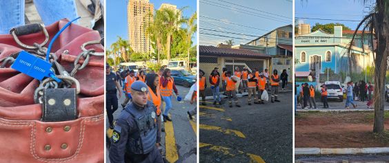 Quadro formado por 4 imagens 1. Close de material apreendido com lacre 2. Policial militar acompnha agentes de apreensão3. Agentes de apreensão aguardam hora da ação 4. Agentes de apreensão circulam pela via. 