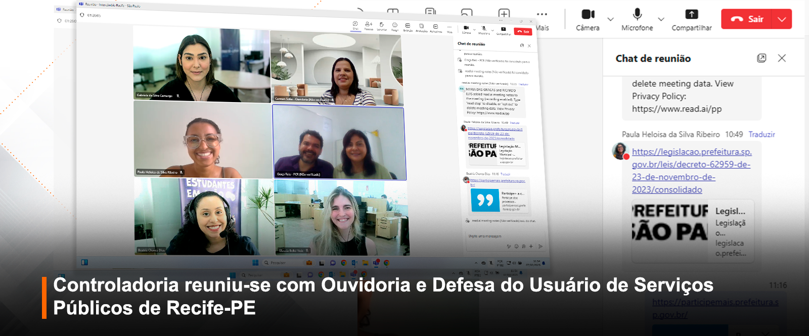 Imagem colorida de videoconferência entre CGM-SP e Ouvidoria de Recife-PE. Sete participantes sorrindo em janelas de vídeo. Bate-papo visível. Faixa preta inferior: 