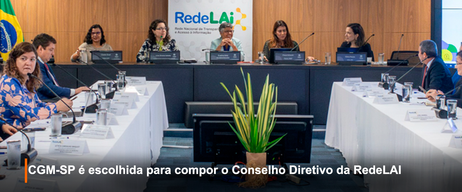 Fotografia de reunião formal com o logotipo da RedeLAI ao fundo. Seis pessoas à frente, outras nas laterais. Atmosfera séria e colaborativa. Legenda: 