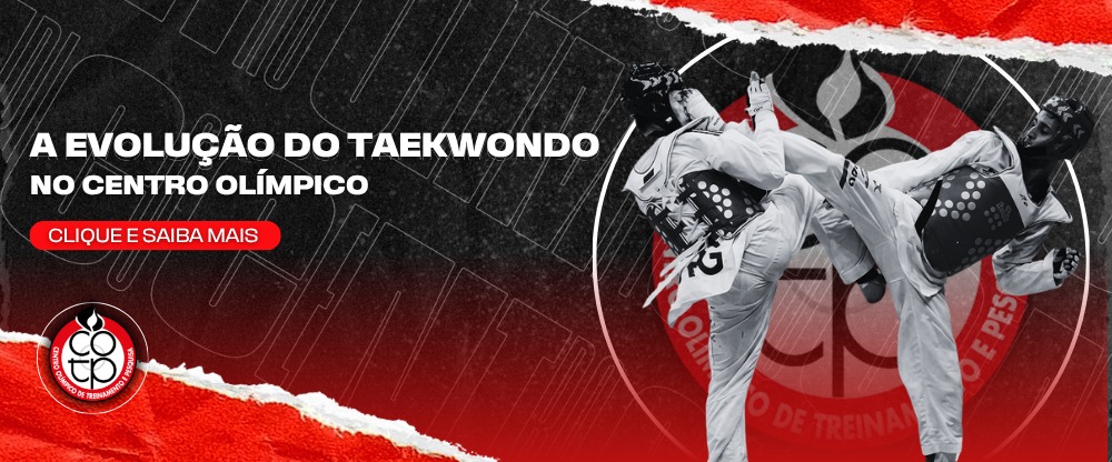 Na imagem, arte com atletas de taekwondo.