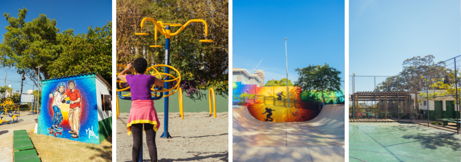 Imagem composta por quatro fotos lado a lado. A primeira mostra um espaço de parque com árvores, bancos amarelos e um mural colorido pintado em uma parede. A segunda mostra uma pessoa usando equipamentos de ginástica ao ar livre, em uma área com piso de areia. A terceira mostra uma pista de skate com rampas, grafites coloridos nas paredes e céu azul ao fundo. A quarta mostra uma quadra esportiva cercada por grades, com piso verde e estruturas de madeira ao lado