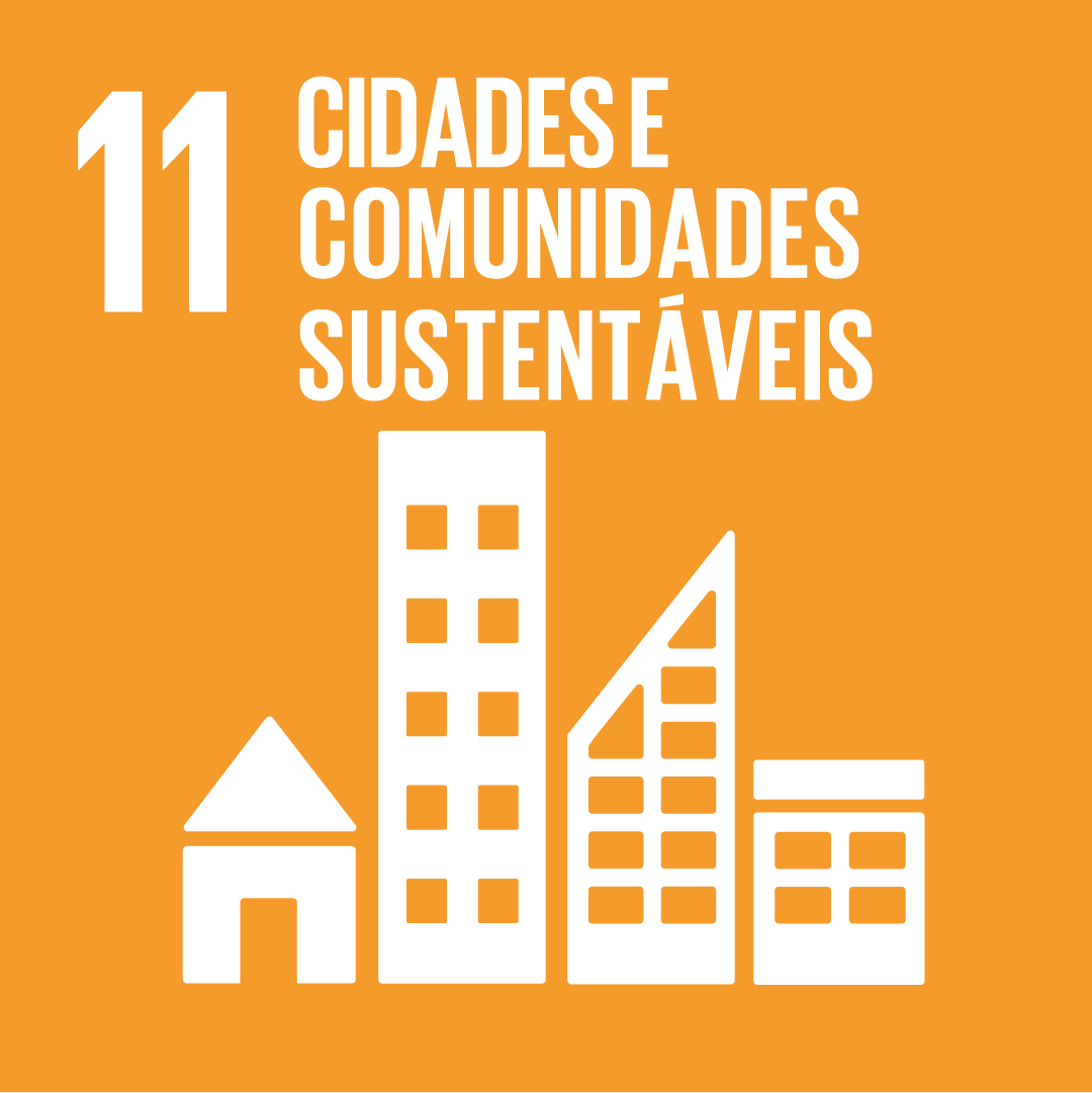 A imagem mostra o ícone da ODS 11 "saúde e bem-estar", representada por um ícone verde, com um desenho de um gráfico de batimento cardíaco e um coração