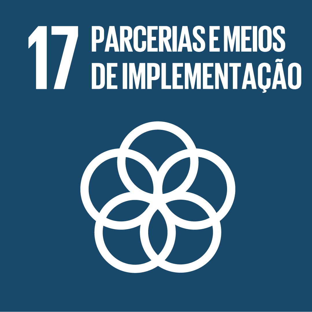 O segundo ícone é a ODS 15 "Vida Terrestre", representada por um ícone verde, com o desenho de uma árvore com duas linhas horizontais abaixo e dois pássaros voando ao lado