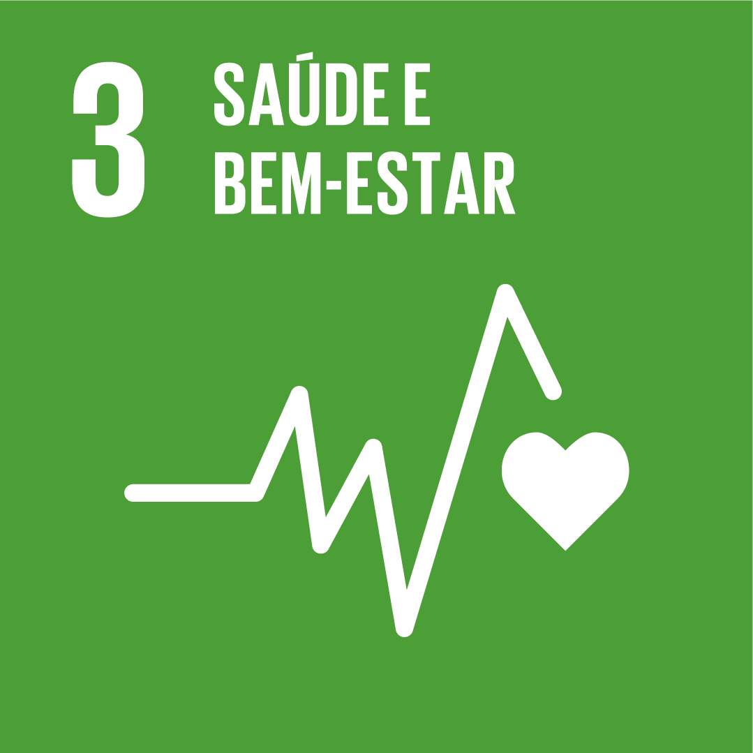 A imagem mostra o ícone da ODS 3 "saúde e bem-estar", representada por um ícone verde, com um desenho de um gráfico de batimento cardíaco e um coração