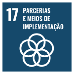 A imagem mostra o ícone da ODS 17 “parcerias e meios de implementação”, representada por um ícone azul escuro, com um símbolo composto por 5 círculos