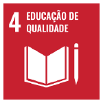 A imagem mostra o ícone da ODS 4 “educação de qualidade”, representada por um ícone vermelho, com o desenho branco de um caderno e uma caneta.