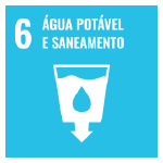 A imagem mostra o ícone da ODS 6 “água potável e saneamento”, representada por um ícone azul, com o desenho de um copo com o símbolo de uma gota de água no centro e uma flecha indicando para baixo do copo