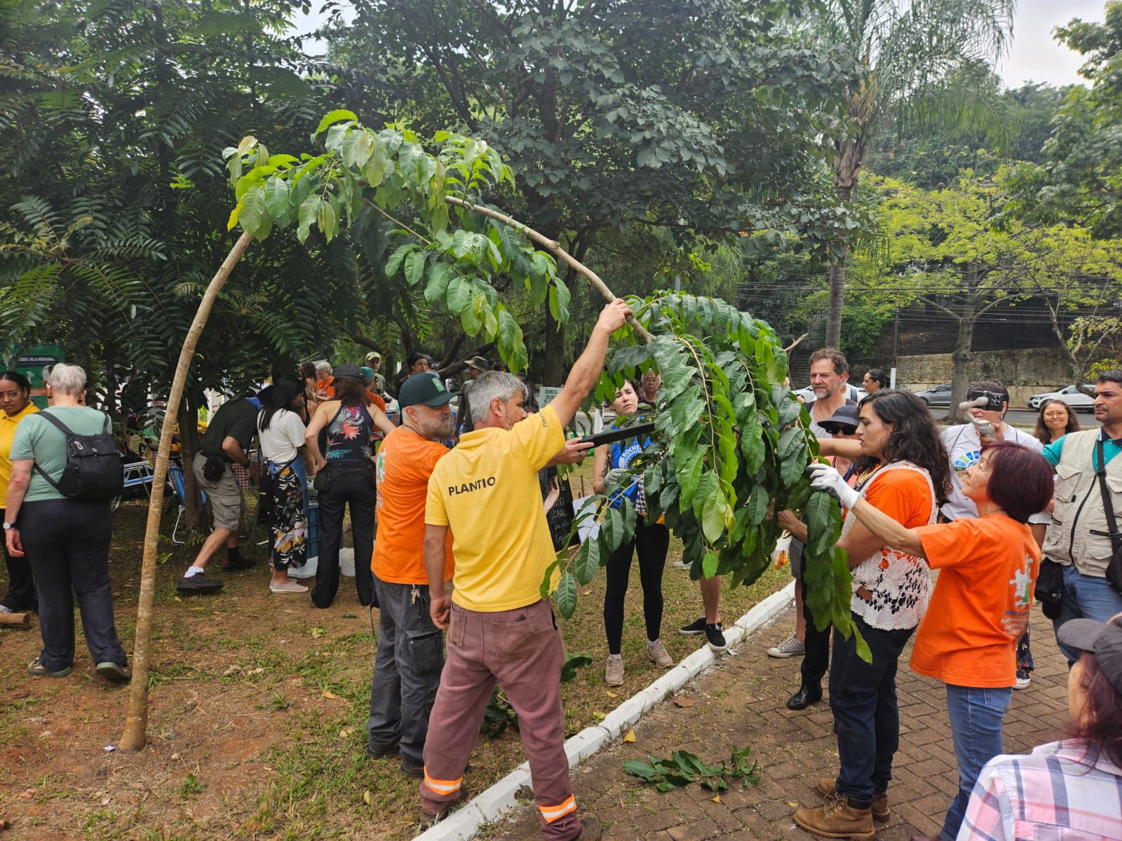Grupo de pessoas, incluindo crianças, jovens e adultos, participa de uma atividade de plantio em um espaço ao ar livre. Elas estão reunidas em volta de um canteiro de terra, agachadas ou ajoelhadas, usando as mãos e pequenas ferramentas para plantar mudas. Algumas usam luvas de jardinagem. Ao fundo, há mais participantes observando e árvores que indicam um ambiente de parque ou área verde. A cena transmite colaboração, educação ambiental e cuidado com a natureza.