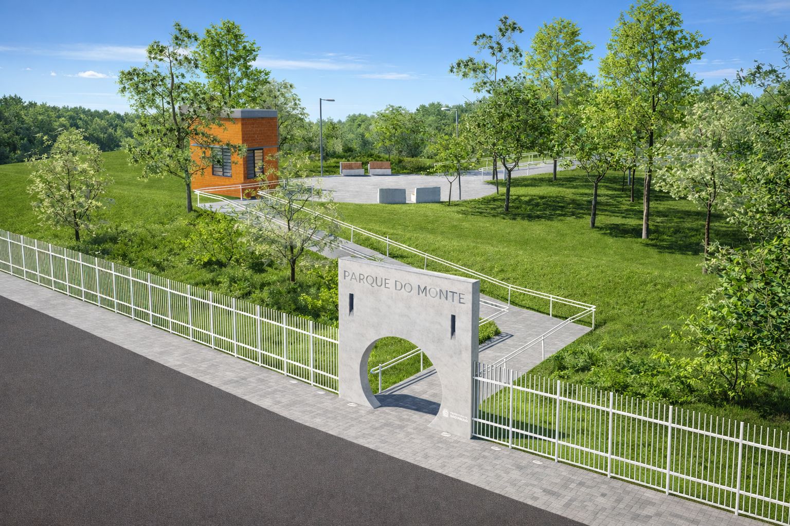 Imagem de um projeto de parque urbano. Em primeiro plano, há um portão de entrada com estrutura de concreto clara, com a inscrição “Parque do Monte”. O acesso é feito por uma rampa com corrimãos metálicos, cercada por gradil branco. Ao fundo, o terreno é amplo e verde, com gramado bem cuidado e árvores jovens distribuídas pelo espaço. À esquerda, há um pequeno edifício de apoio em tom alaranjado, com janelas e porta. No centro, uma área pavimentada com bancos sugere espaço de convivência. O céu está azul e limpo, indicando um dia ensolarado.