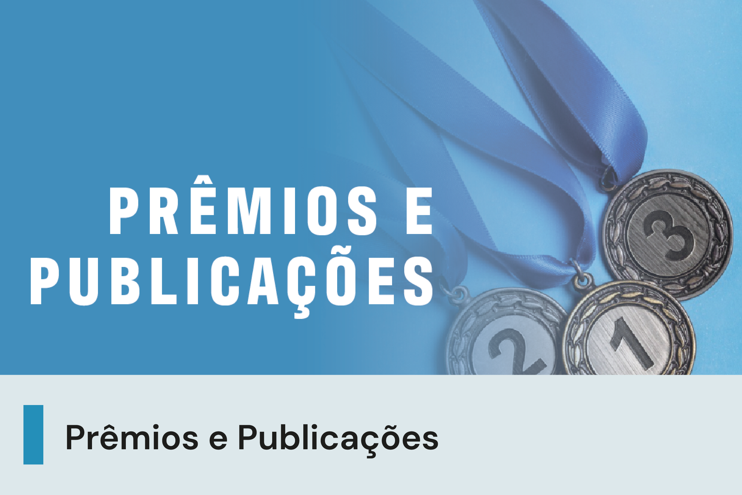 À esquerda, um  fundo azul com o texto Prêmios e Publicações; à direita, imagem de medalhas. Abaixo, uma faixa com o texto 