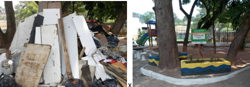 O díptico fotográfico apresenta um forte contraste entre a degradação e a recuperação de um espaço verde que se transformou em área de lazer.  No lado esquerdo (antes), a imagem mostra um grande amontoado de lixo e entulho depositado em uma área arborizada, provavelmente um parque ou praça. O lixo é composto majoritariamente por restos de construção e demolição, incluindo grandes placas brancas e pedaços de madeira. Há também sacos de lixo, tecido, e fios ou arames. O ambiente é sombreado por grandes árvores, indicando que o descarte ilegal estava ocorrendo em uma área verde.  No lado direito (depois), o mesmo local foi totalmente limpo e requalificado como uma área de convivência e lazer. O lixo foi removido, revelando o solo e grandes troncos de árvores. No centro da imagem, um canteiro elevado e colorido (pintado de amarelo e azul) foi construído ao redor da base de uma das árvores e plantado com vegetação. Próximo ao canteiro, uma placa verde informa sobre o projeto de revitalização. Ao fundo, é visível parte de um parquinho infantil com brinquedos coloridos (como um escorrega), sugerindo que a área foi convertida em um espaço de recreação para a comunidade. A mudança evidencia a transformação de um "ponto de lixo" em um espaço de uso público e ambientalmente saudável.