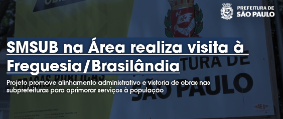 🖼️ Descrição da Imagem Banner ou cartaz institucional, em tons de azul escuro, com o logo da Prefeitura de São Paulo no canto superior direito. O texto principal, em branco, destaca a atuação de uma secretaria municipal na região. O texto é:  